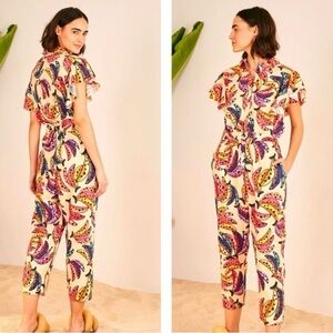 Farm Rio Multi Banana Bunch AOP Frilled Cap Flutter Sleeve Crop Leg Jumpsuit S